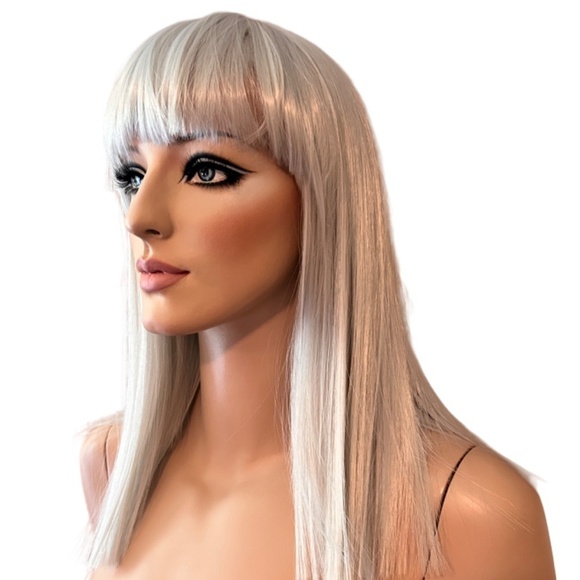Wig Platinum Grey Synthetic 14" Long Straight Bangs Heat Resistant Tangle Free - Picture 2 of 11